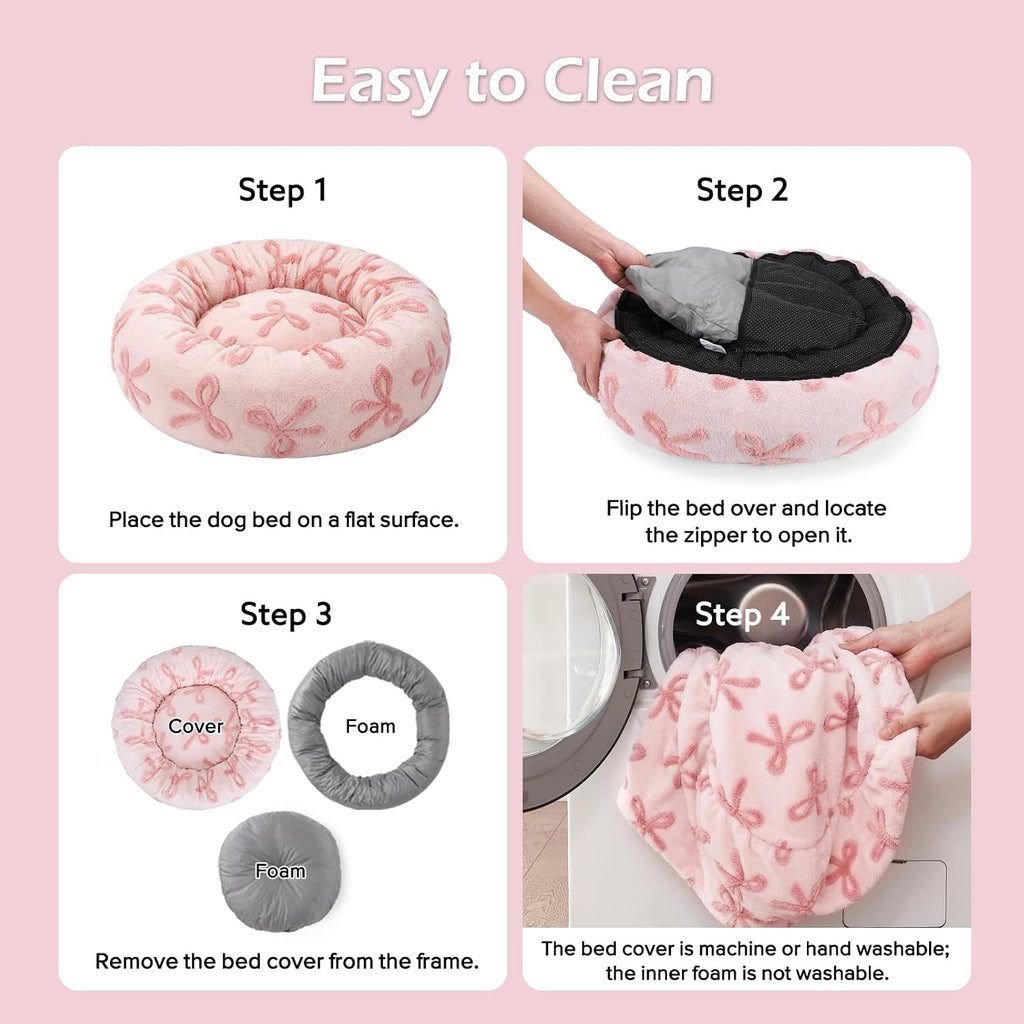 JOEJOY Jacquard Donut Round Small Dog Beds,Pink 23x23x8in, Removable Washable Cover, Cute Pattern, Ultra Soft Fluffy Calming Pet Bed with Thick Supportive Bolster