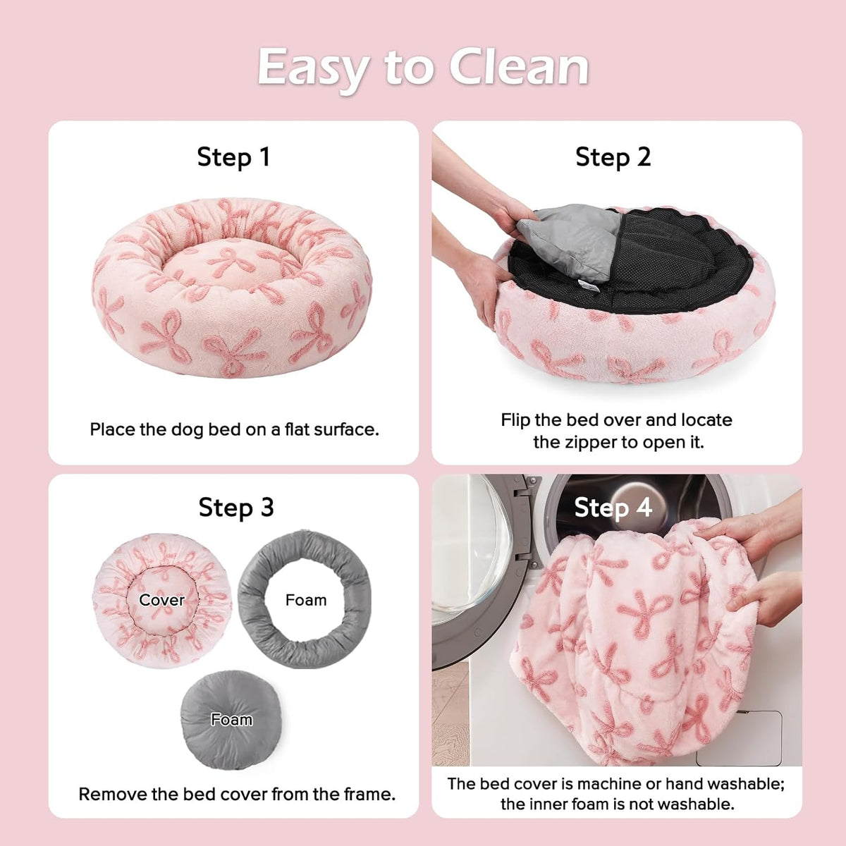JOEJOY Jacquard Donut Round Small Dog Beds,Pink 23x23x8in, Removable Washable Cover, Cute Pattern, Ultra Soft Fluffy Calming Pet Bed with Thick Supportive Bolster