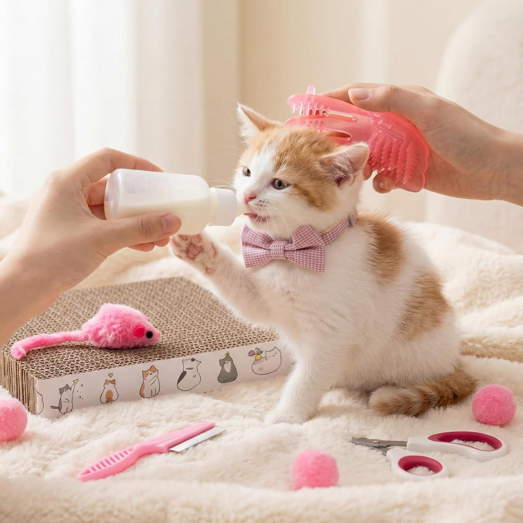 Leitee 28 Pcs Cat Starter Kit with Litter Box Scratcher Toys Bowls, Pink