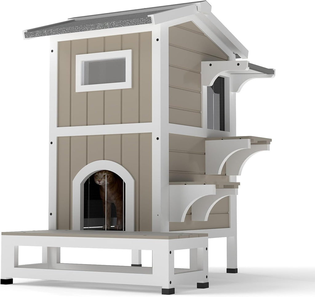 GoWoodHut Outdoor Cat House Weatherproof Cats Shelter for Feral Kitten Pet Houses for 1-2 Small Animlas 2 Story Wooden Houses for Indoor Outdoor Cats with Escape Doors (29.7" D x 22.8" W x 35.4" H)