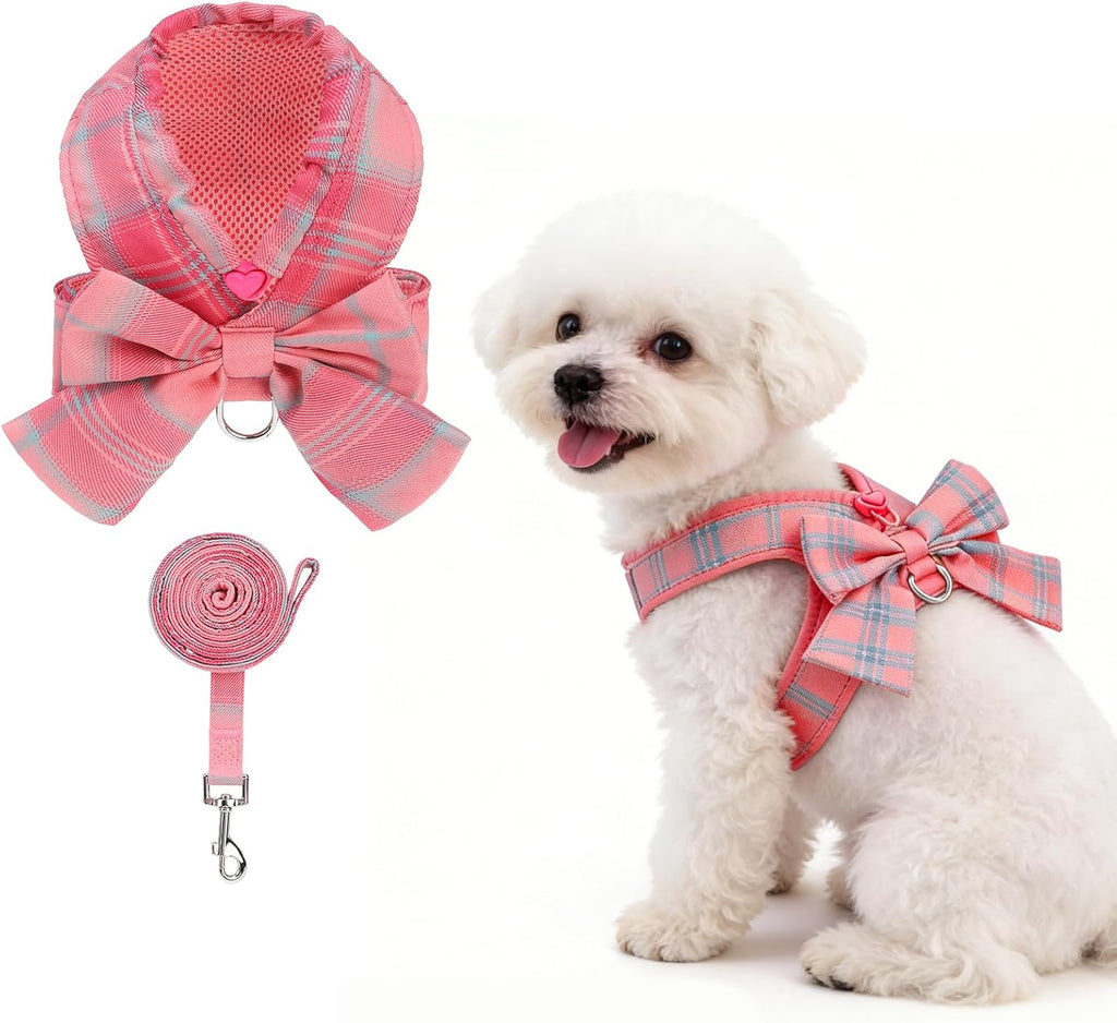 KOOLTAIL Small Dog Harness and Leash Set, Cute Puppy Vest Harnesses with Bowtie, Step in No Pull Soft Mesh Padded Adjustable Plaid Pet Harness for Extra-Samll Medium Dogs Cats, Boy Girl, Pink XS-M