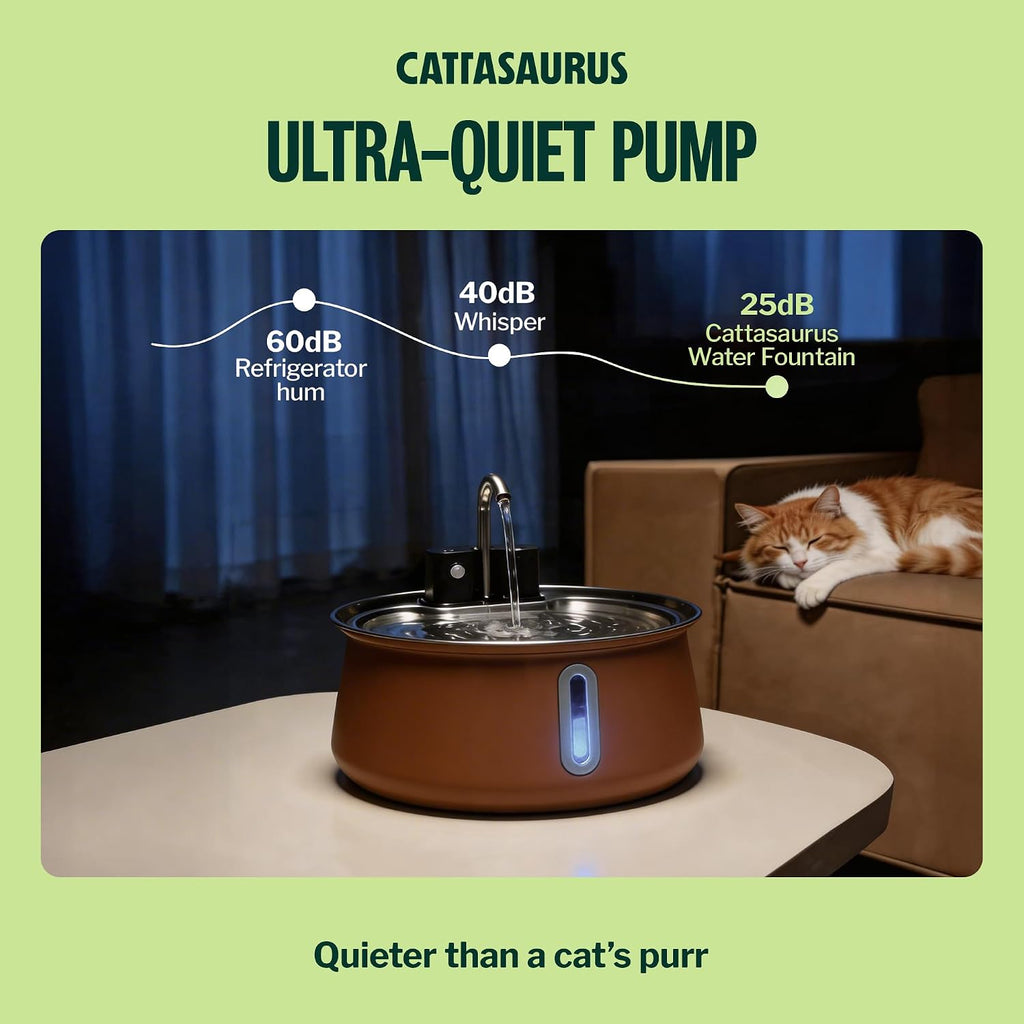 Cattasaurus 135oz Wireless Cat Water Fountain, 304 Stainless Steel Automatic Water Dispenser for Cats, Ultra Quiet, Smart Sensor, 6-Layer Filtration (Coffee, Fountain + 2 Filters (2-Week Supply))