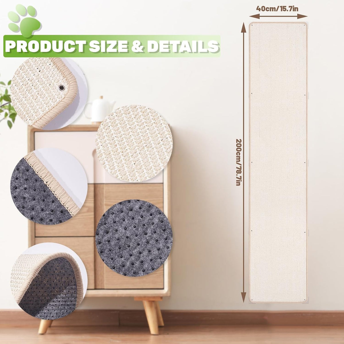 Uranshin Natural Sisal Cat Wall Climbing Carpet, Wall Scratcher Mat Pad