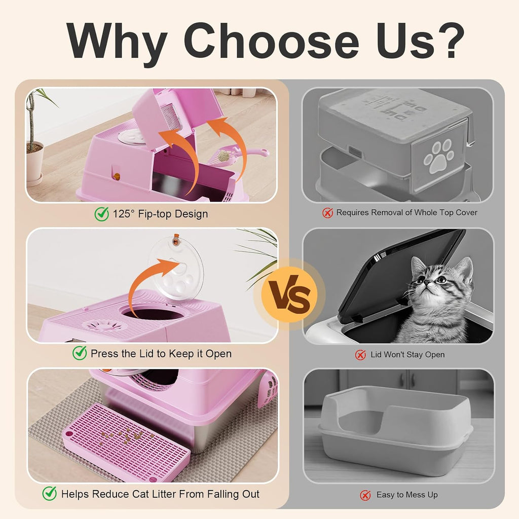Stainless Steel Litter Box with Lid, XL Extra Large Litter Box, Enclosed Top Entry Metal Litterbox for Big Cat, Easy Cleaning, Anti-Leakage & High Sided with Mat, Aisle & Scoop, Pink