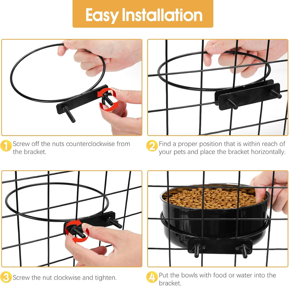 2 Pcs Stainless Steel Large Dog Crate Food Water Bowl, 77 & 45 OZ | Non-Spill, Detectable, Hanging Cage, Black Feeder Dish with Clamp Holder for Large Pets, Size 7.1x3.5'' & 6.3x2.6''