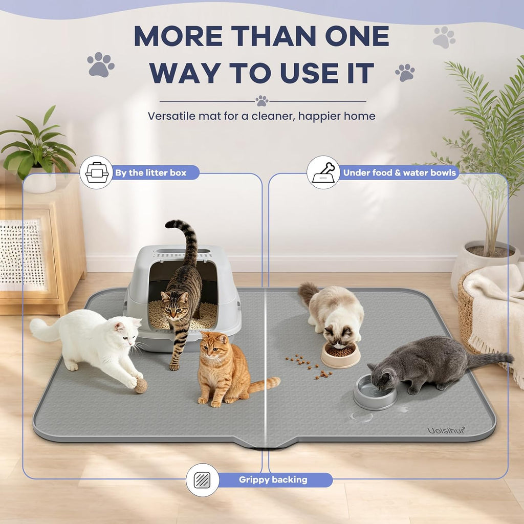 Cat Litter Mat, XL 47 x 37 in Extra Large Silicone Litter Box Mat | Gray, Silicone rubber, Water-resistant, Easy pour-out front notch, Raised lip, Grippy backing, Rinses clean