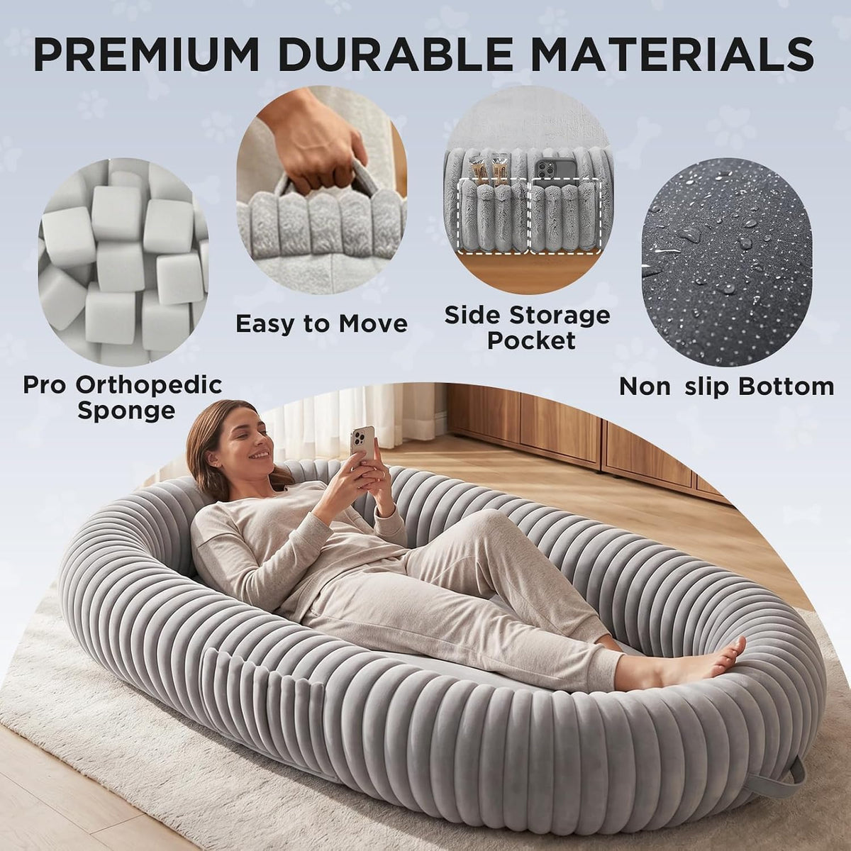 Oversized Human Dog Bed for Large Breed Dogs, 77.5x61.8x9.8 Inch Extra Large Plush Orthopedic Bed with Washable Removable Cover, Non-Slip Bottom, Soft Plush Shared Bed for Bedroom Living Room