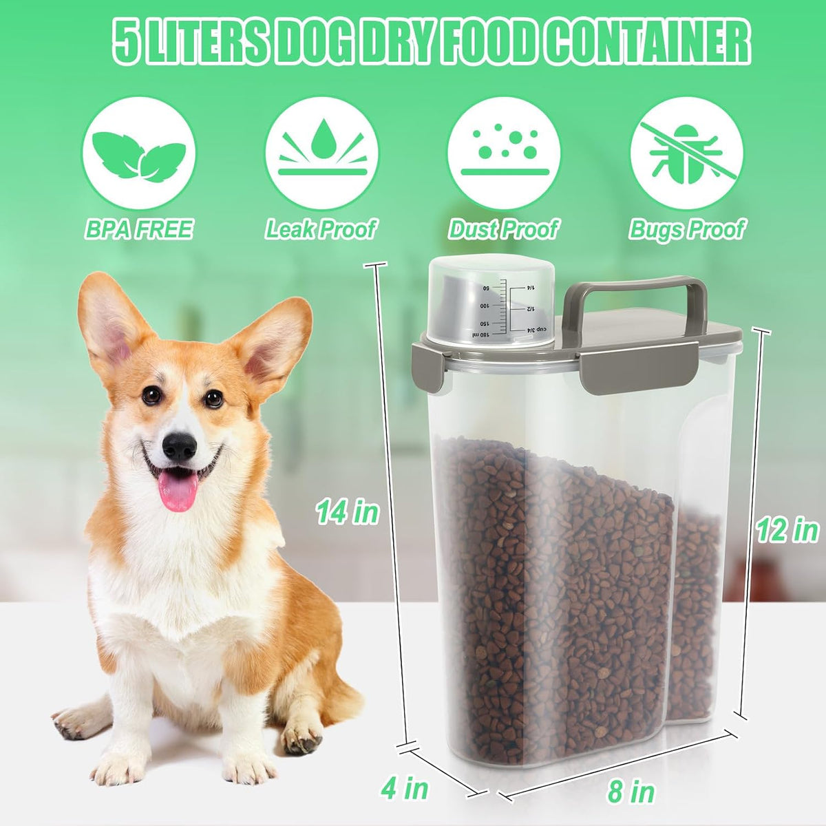 Dog Cat Food Storage Container with Cup (Dark Olive, 5L)