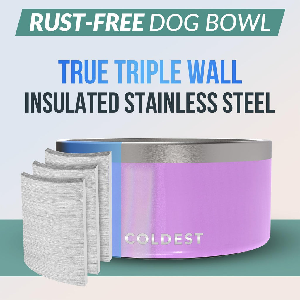 Coldest Dog Bowl - Anti Rust Metal, Non Slip, 3 Layers Insulated Stainless Steel Dog Bowls - Spill Proof & Heavy Duty - Water Bowl for Dogs, Cats, Dish Washer Safe (200 oz, Saturns Purple Glitter)