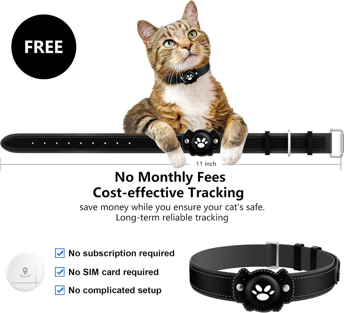 GPS Tracker for Cats, Cat GPS Tracker, Pet Location Tracker with Collar, Real-Time Tracking, No Monthly Fee or Subscription, Waterproof, 365-Day Long Battery Life Cat Collar, iOS & Android (Black)