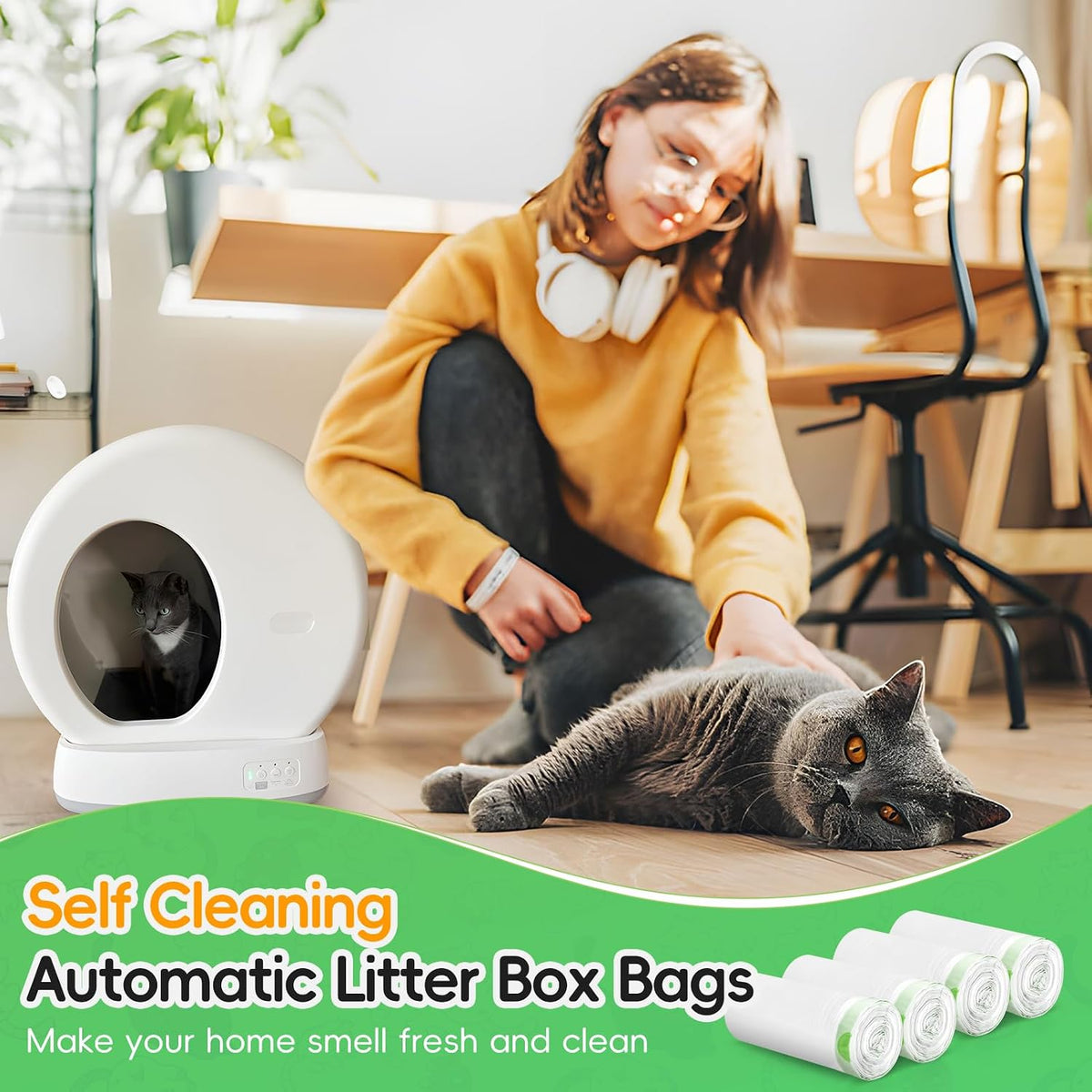 120 Pack Cat Litter Box Liners for Meo Want SC01, MWSC02 SC09, MW-LR01,1.5 Mil Thick Drawstring Heavy Duty Leak-proof Disposable Smart Self-Cleaning Litter Robot Waste Drawer Trash Bags 18" x 12.6"