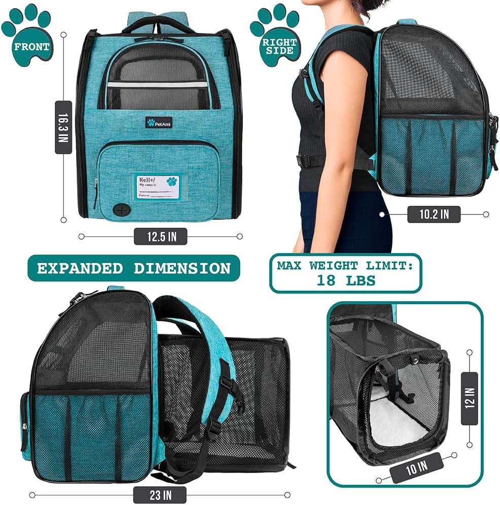 PetAmi Expandable Dog Cat Backpack Carrier, Airline Approved, Teal Blue