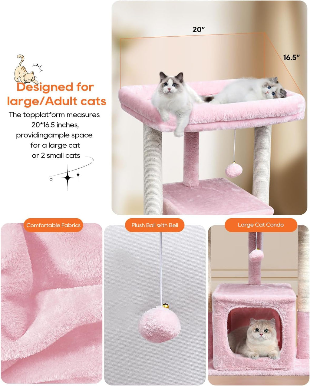 SYANDLVY Pink Cat Tree for Indoor Cats Large Adult, 27" Activity Tower