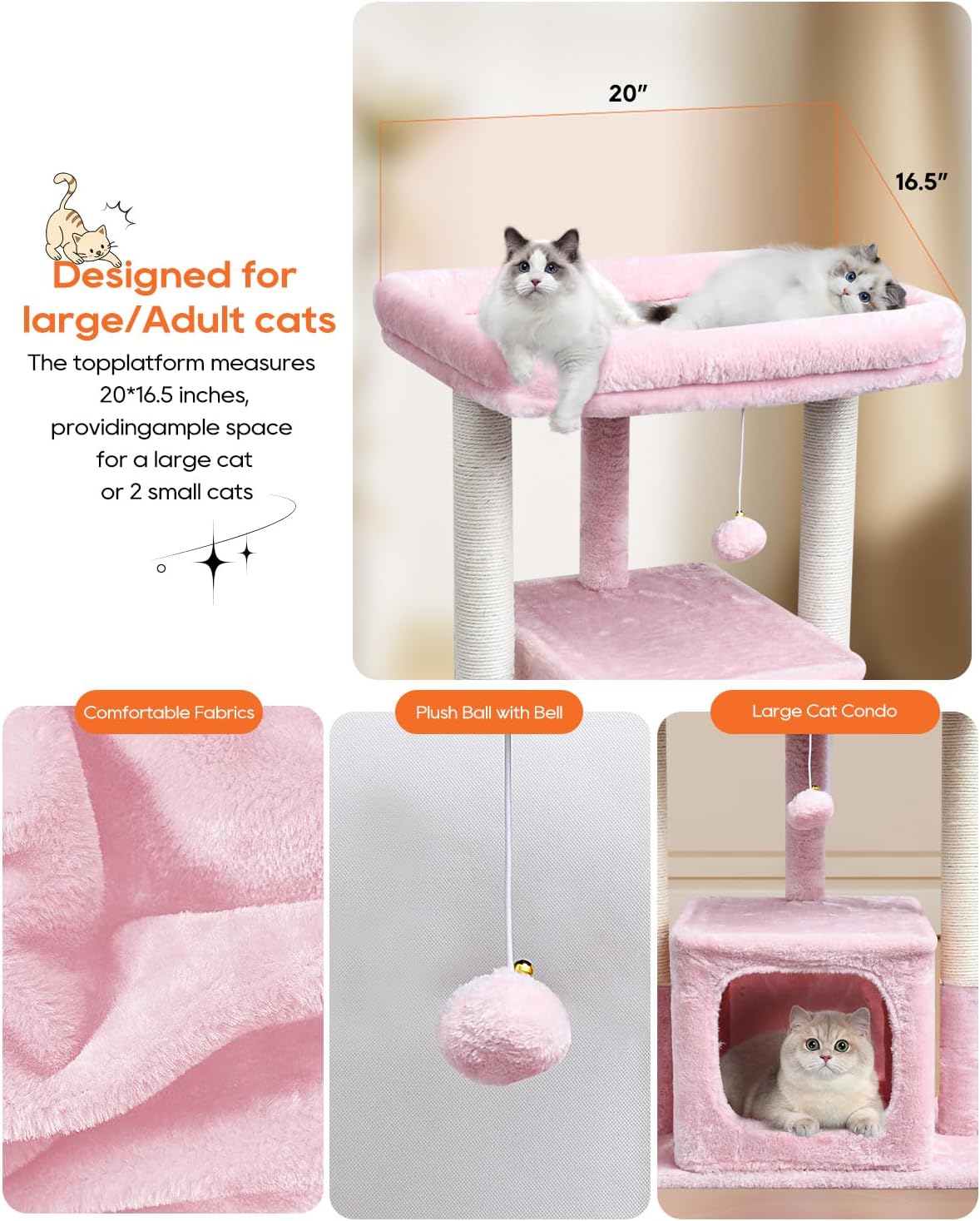 SYANDLVY Pink Cat Tree for Indoor Cats Large Adult, 27" Activity Tower