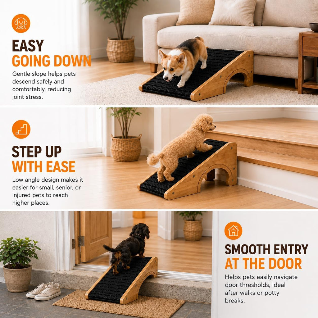 Wooden Dog Ramp for Stairs, Extra Wide 16.9" Pet Ramp with Arch Support Design and Anti-Slip Carpet Surface, Low Angle Ramp for Small Dogs & Cats, Senior Injured Pets, Sofa Bed Access
