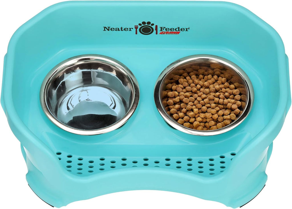 Neater Pet Brands Neater Feeder Deluxe Mess Proof Cat Bowls Elevated, Made in USA, No Spill Raised Bowls for Indoor Cats, Stainless Steel Food and Water Bowl Set, Pet Dish Feeding Station, Aquamarine 