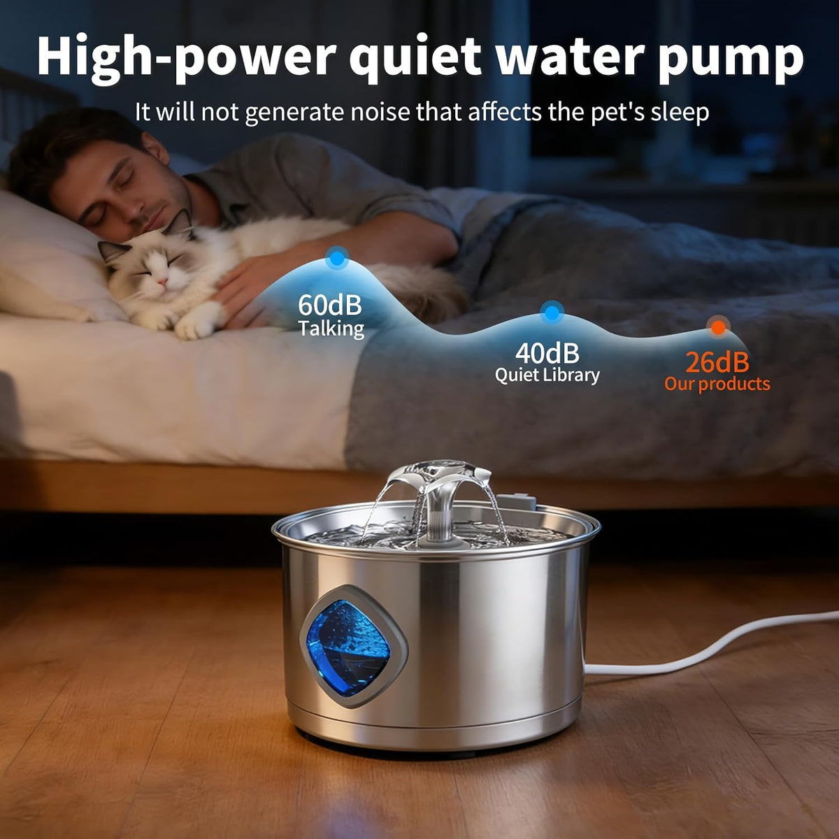 Stainless Steel Cat Water Fountain - Super Quiet Drinking Fountain for Cats 2.8L/95oz,with Flower Kitty Spout and Water Level Window Cat Fountain,Ideal for Multi-pet Homes