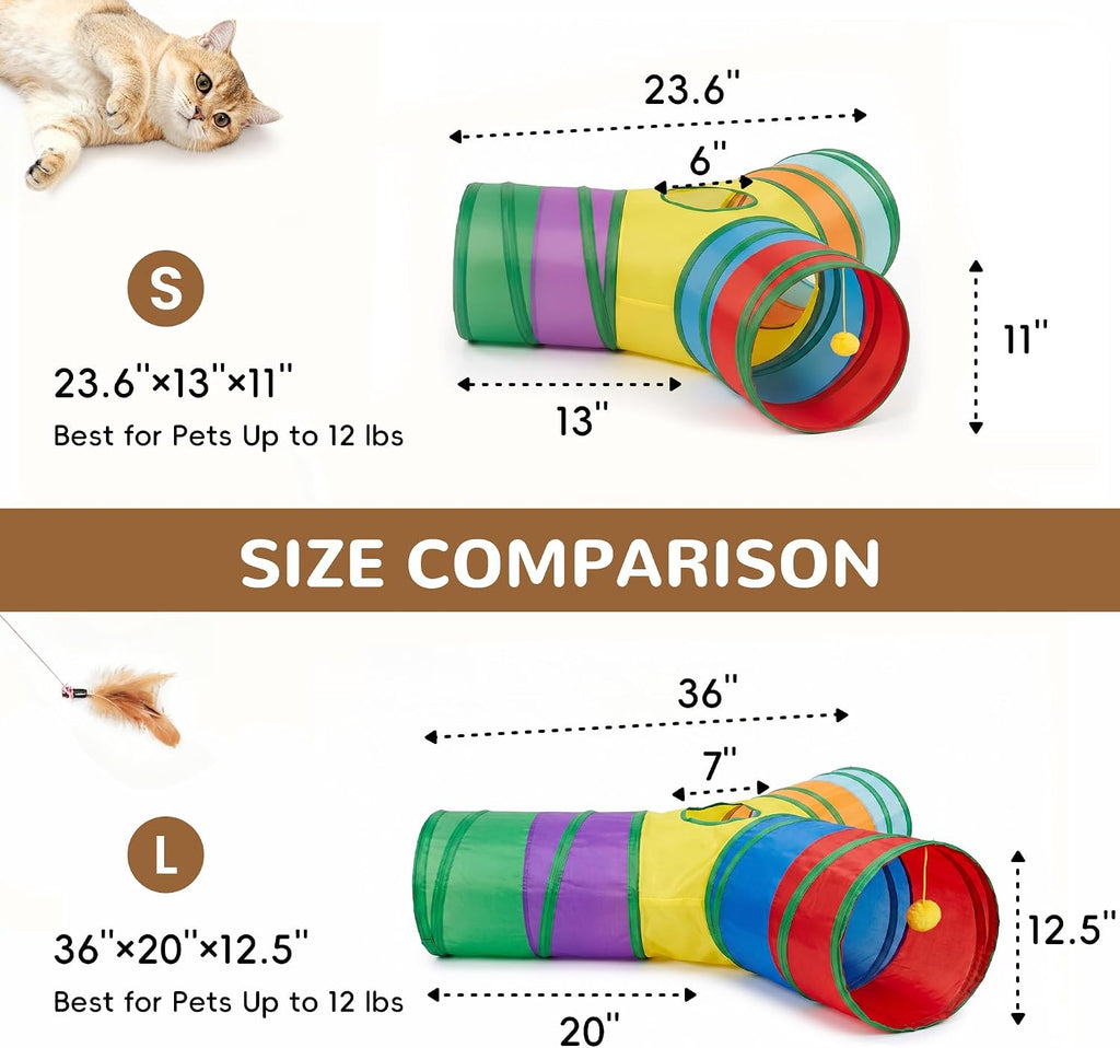 Tempcore Cat Tunnel, 3-Way Collapsible Toy, Large Size Rainbow | Large Size 3-Way Cat Tunnel Provides More Room for Cats to Run, Hide and Chase, with Peek Holes, Hanging Ball and Teaser Wand