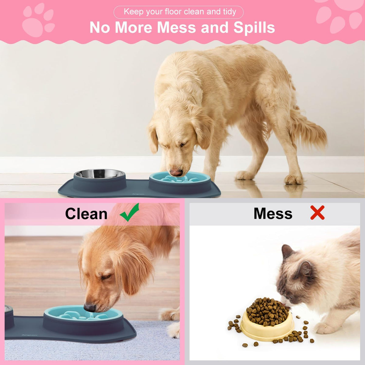Slow Feeder Dog Bowls 3 in 1 Stainless Steel Food Water Bowl to Slow Eating | Durable, Non-spill & Non-skid with Silicone Mat Design, Slow Down Eating, Suitable for Small Medium Large Dogs and Cats