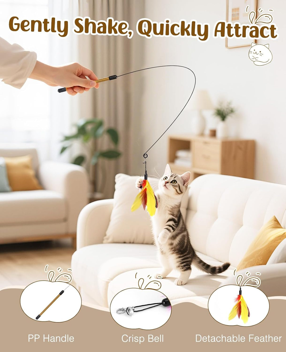 Pawaboo Cat Feather Wand Interactive Toy, 2 Feathers + 1 Wand with Bell | Cat Feather Teaser Toys Flying Catcher Extra Long 34.5" Wand Exerciser Playing Chase Cat Toy Wands for Kitten, Yellow& Red
