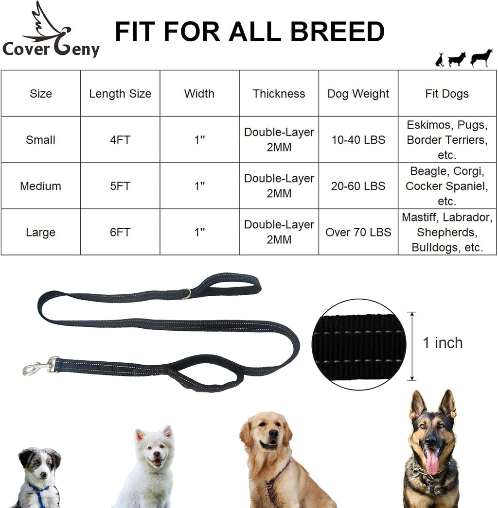 Dual Padded Handle Walking And Training Standard Leashes For Big Large Dogs With Reflective Stitching,360° Rotatable Heavy Duty Metal Buckle,D-Ring,Durable Nylon,6Ft Long For Over 70 Pounds