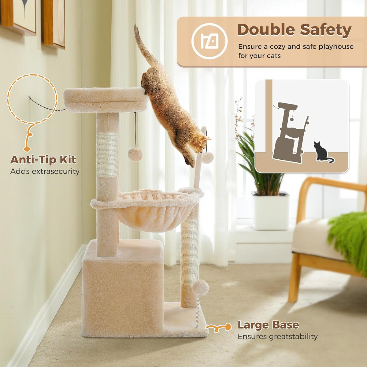 PEQULTI 4-in-1 Cat Tree for Kittens & Small Cats, 33in Beige Tower