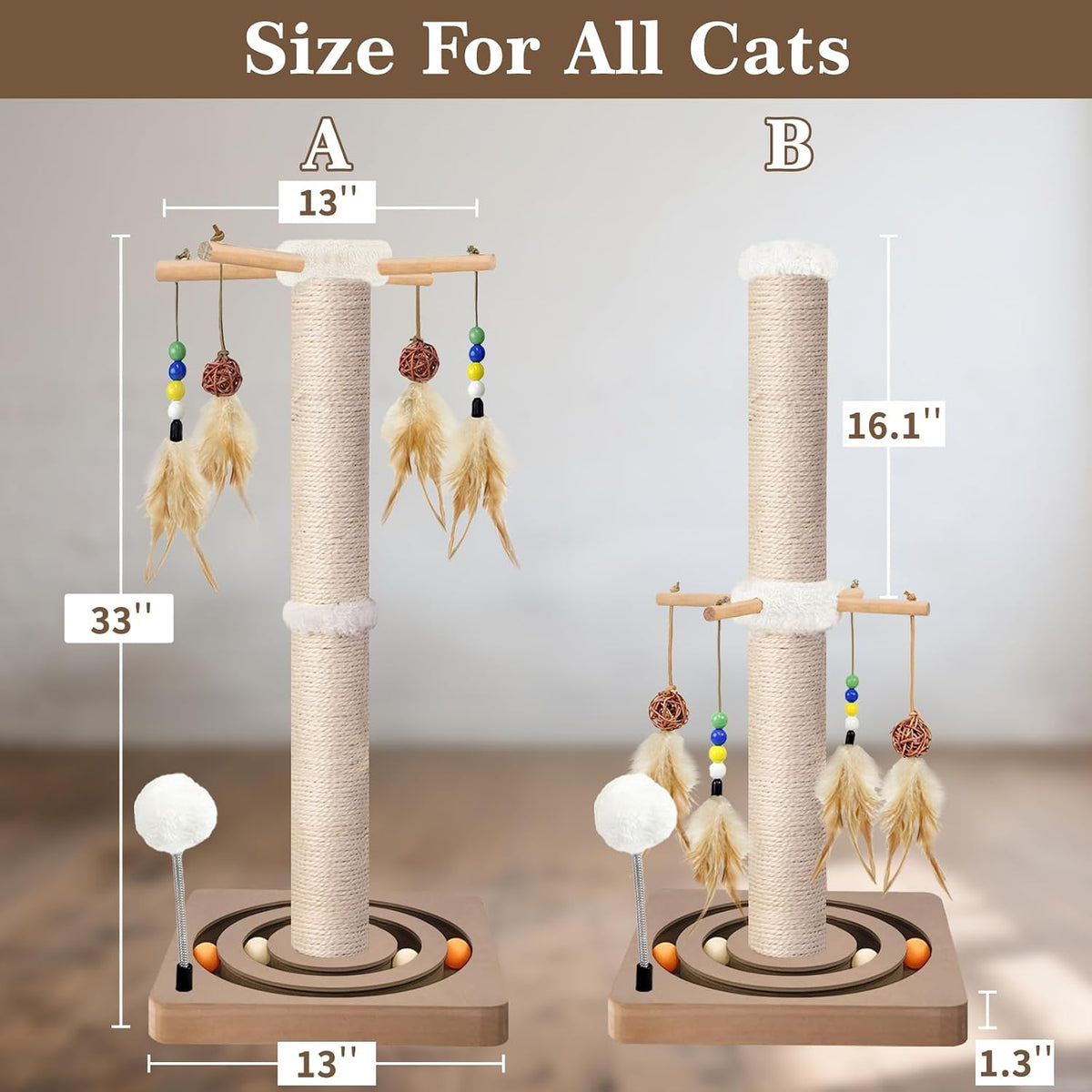 Tall Cat Scratching Post, 33 Inch Sisal Scratcher with Toys for Large Cats