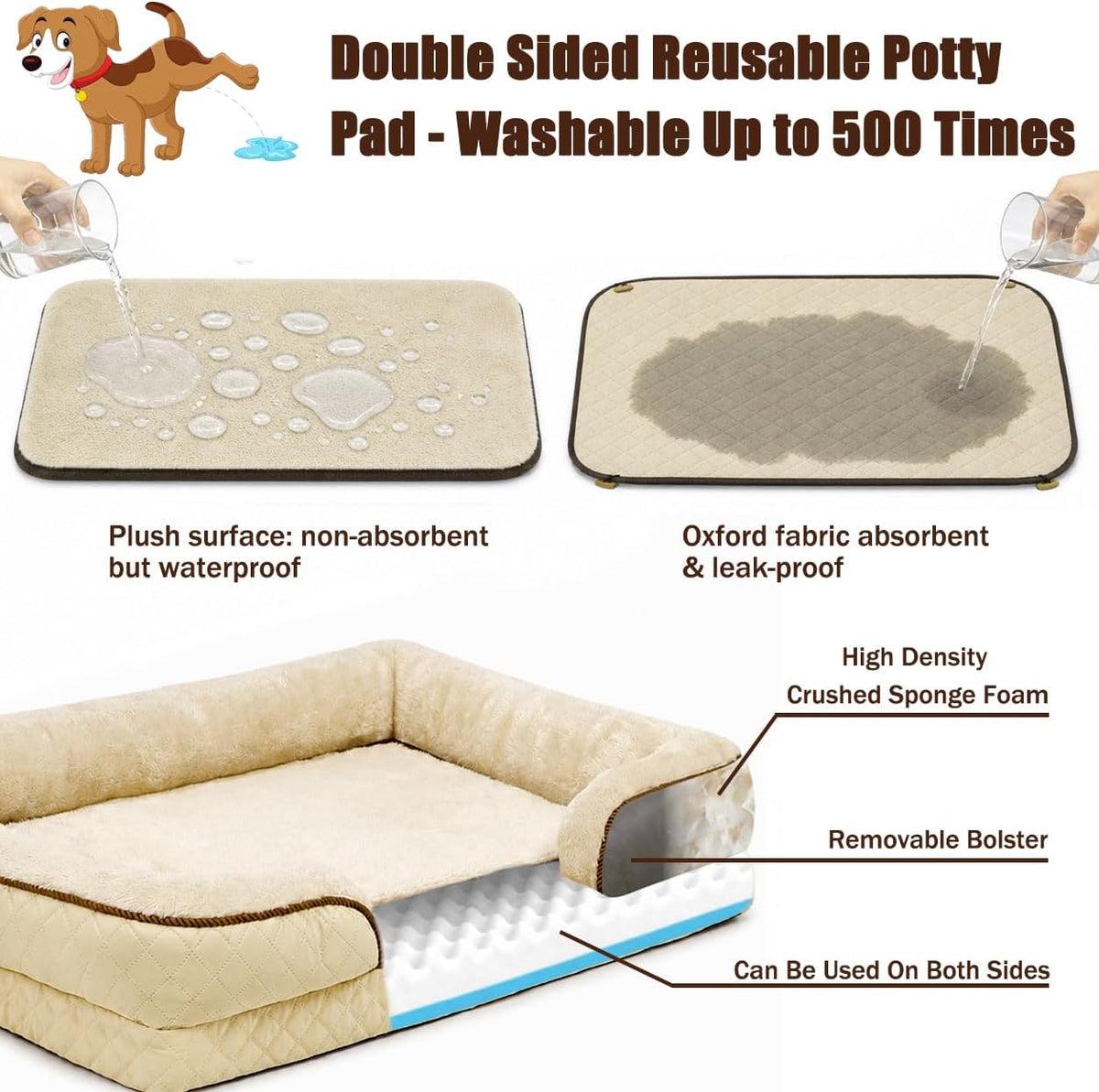 Dog Bed with Reusable Potty Pad - 44.5" x 33.5" x 6.7" Beige