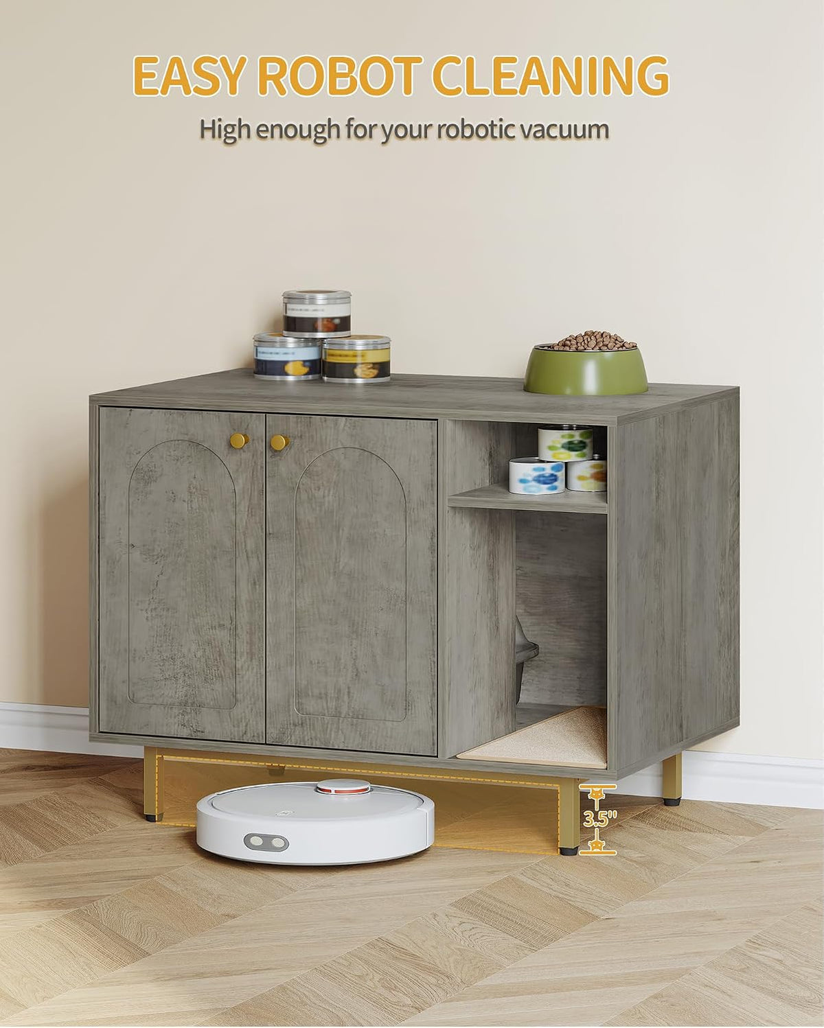 Hzuaneri Cat Litter Box Enclosure, Hidden Litter Box Furniture with Storage | Large Wooden Cabinet with Sisal Mat, Modern Cat Washroom for Living Room, Bedroom, Entryway, Greige and Gold CB01505G