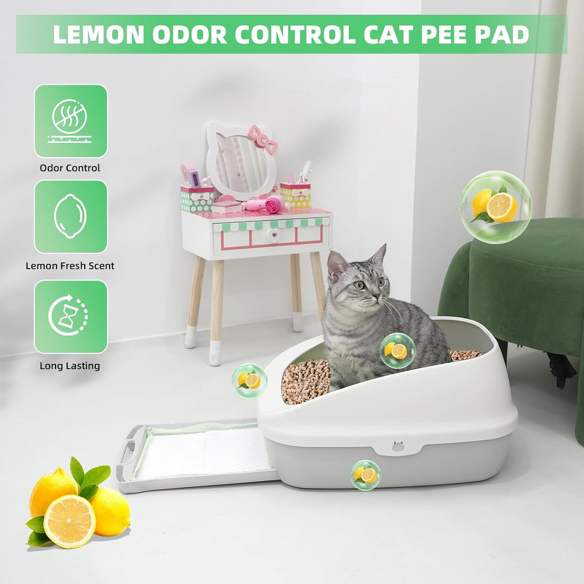 IMMCUTE Cat Litter Pads 16.9" X 11.4", Lemon Scent, 50 Ct, Pee Pads for Cats, Thickened Super Absorbent Pee Pads, Cat Pads for Litter Box System