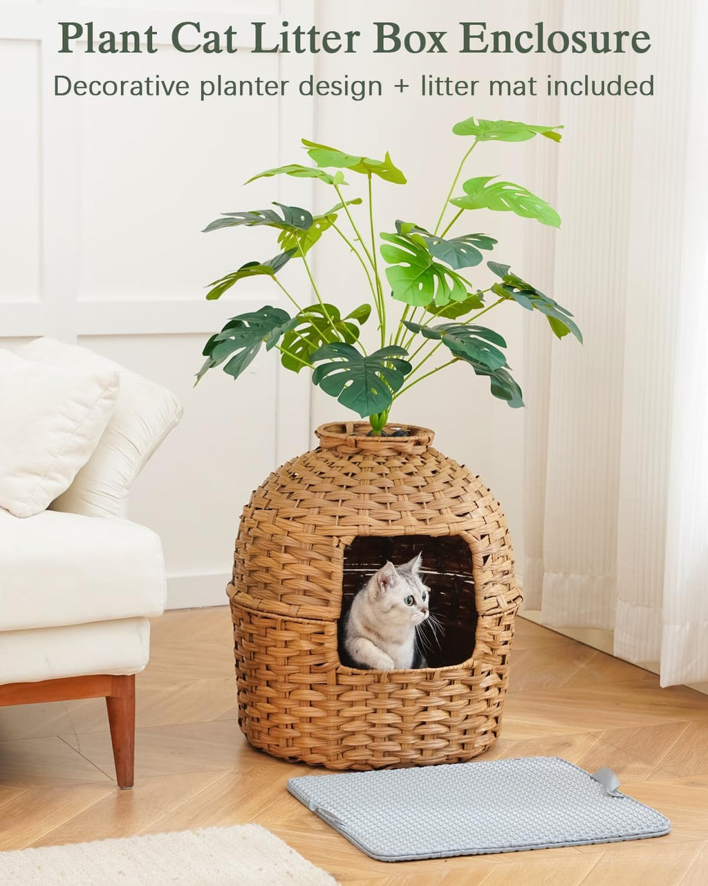 SETVSON Cat Litter Box Enclosure Plant, PE Rattan Kitty House, Natural