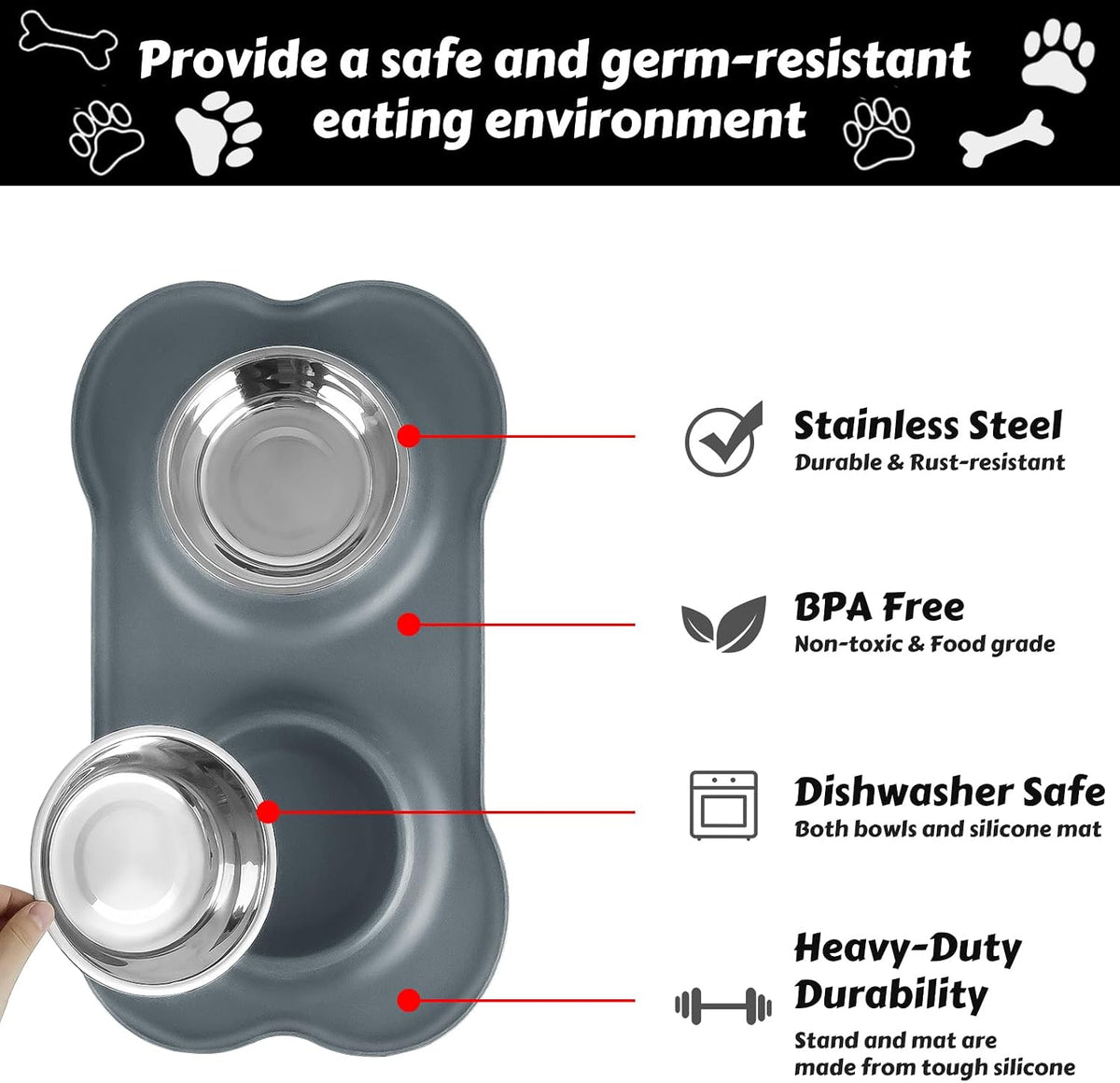 AsFrost Dog Food Bowls Stainless Steel Dog Food & Water Bowl Set with No Spill No Slip Silicone Mat, Dog Dishes for Small Medium Size Dogs Pet Cat Puppy Food Feeding Bowls, Grey, 24oz, 3 Cup 