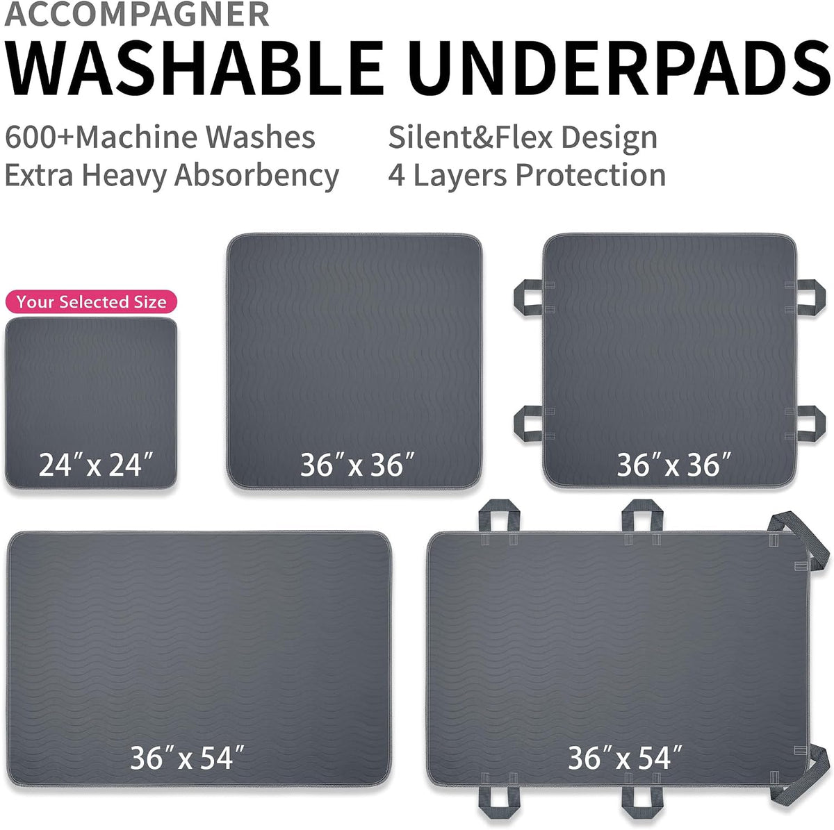 Accompagner Incontinence Bed Pads Washable Waterproof, Ultra-Absorbent Reusable Underpads for Diaper Changing, Nursing, Bedridden, Adults, Seniors, Kids and Dogs (Dark Gray, 24"x24"(Pack of 4))