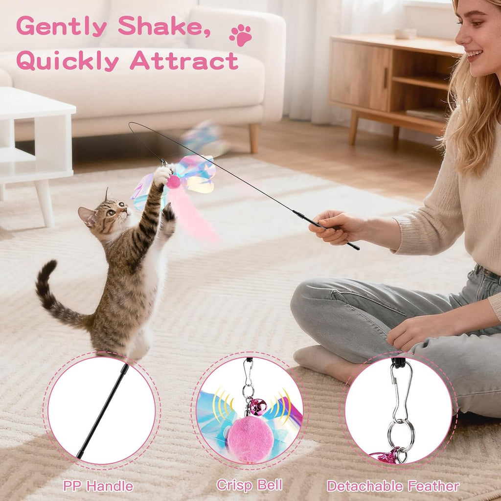 Pawaboo Cat Feather Wand Interactive Toy, 2 Feathers + 1 Wand with Bell | Cat Feather Teaser Toys Flying Catcher Extra Long 34.5" Wand Exerciser Playing Chase Cat Toy Wands for Kitten, Pink Butterfly