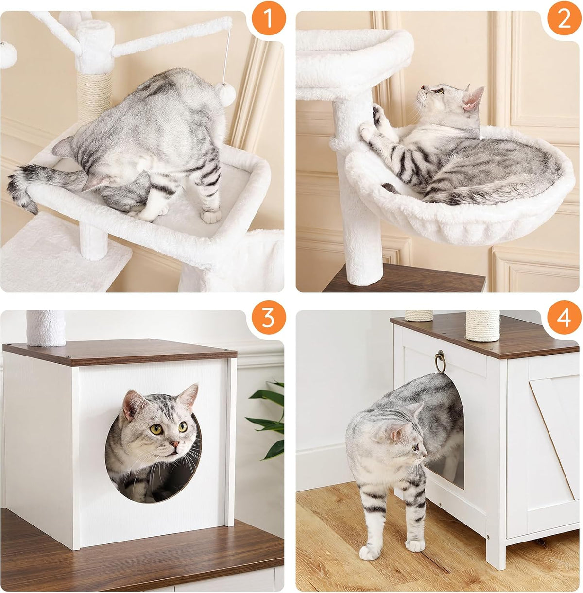 HOOBRO Cat Tree with Litter Box Enclosure for Indoor, 59 Inch Modern Cat Tower with Scratching Posts, Wooden Cat Condo, Hidden Litter Box Furniture, All-in-One Cat House, White and Walnut WH15MZ03