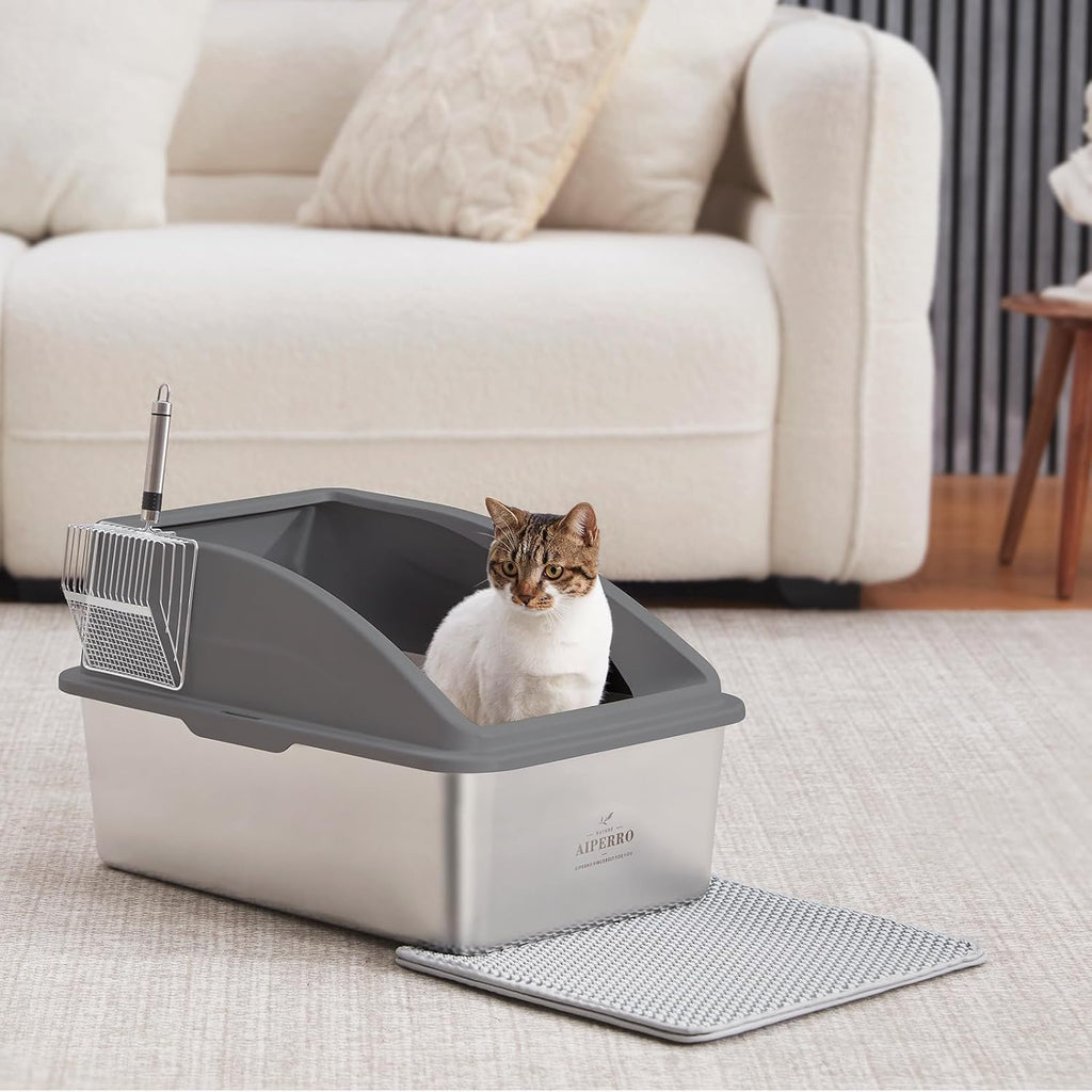 AIPERRO Stainless Steel Litter Box | XXL Deepened 8" Design Metal Cat Box | High Sided with Lid for Big Cats | Anti-Urine Leakage | Non-Stick Bottom & Easy to Clean | Includes Litter Mat & Metal Scoop