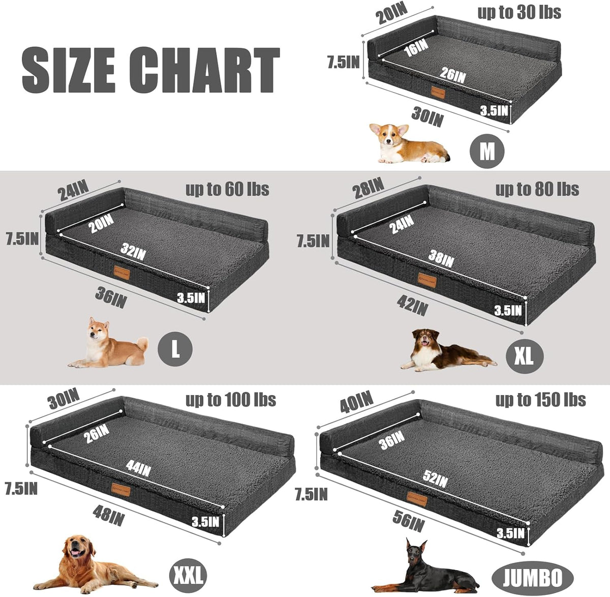 Patas Lague Orthopedic Large Dog Bed Washable Pet Sofa Bed 36X24 Dark Grey