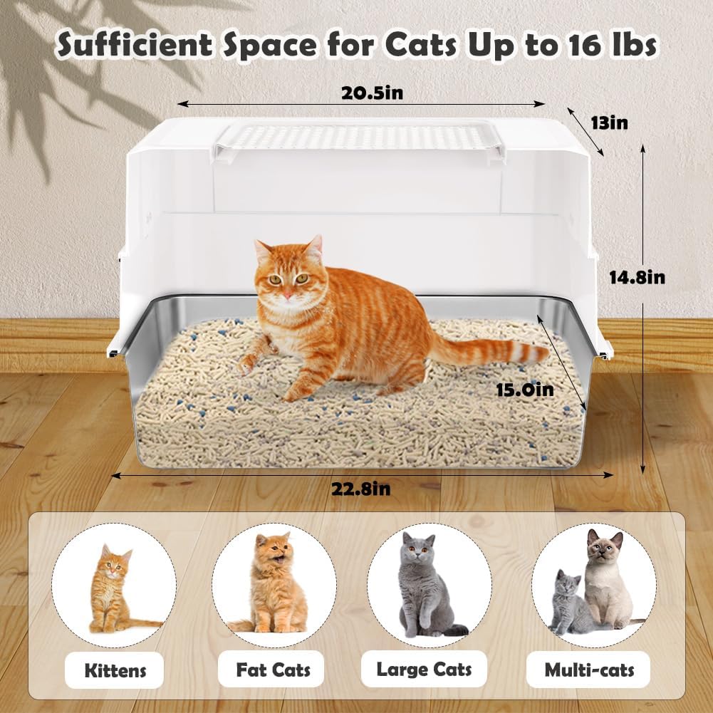 Vivifying XL Enclosed Stainless Steel Cat Litter Box with Lid, Beige | Spacious High-Sided Design with Removable Front Flap, Three Setup Modes, Scoop, and Easy-Clean Stainless Steel Pan