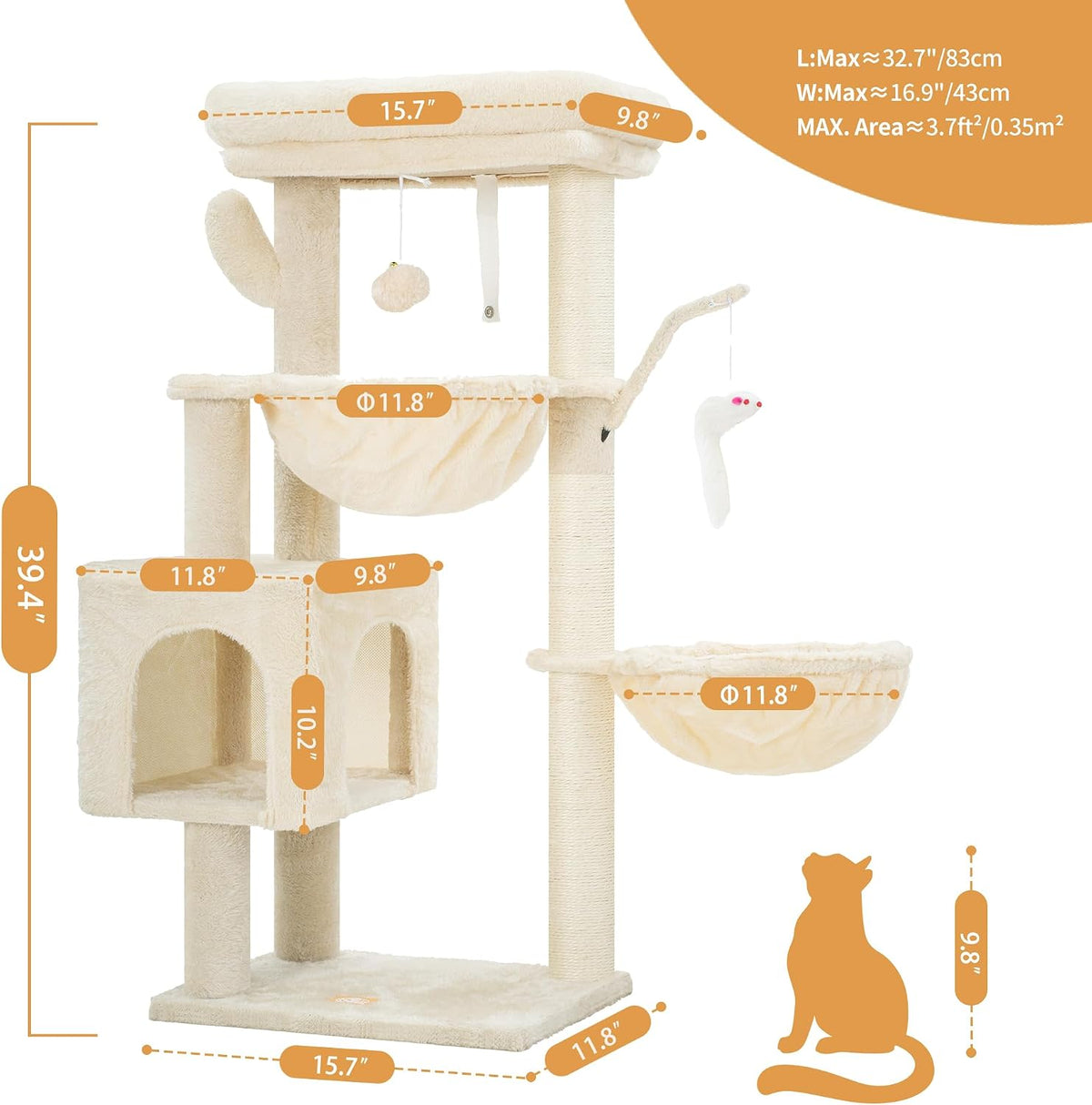 Heybly Cat Tree, 39" Tower with All-Sisal Wrapped Scratching Post HCT006SM