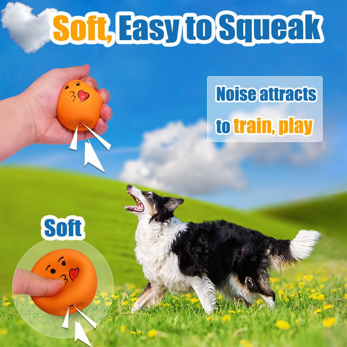 HOLYSTEED Squeaky Dog Toys for Medium Dogs, Round Latex Squeaky Balls 2.3" | 2.3"*2.3"*2.16", 6pcs Round Soft Rubber Dog Balls, Smile Face Puppy Squeak Toys with Squeaker for Small Breed Indoor, Outdoor