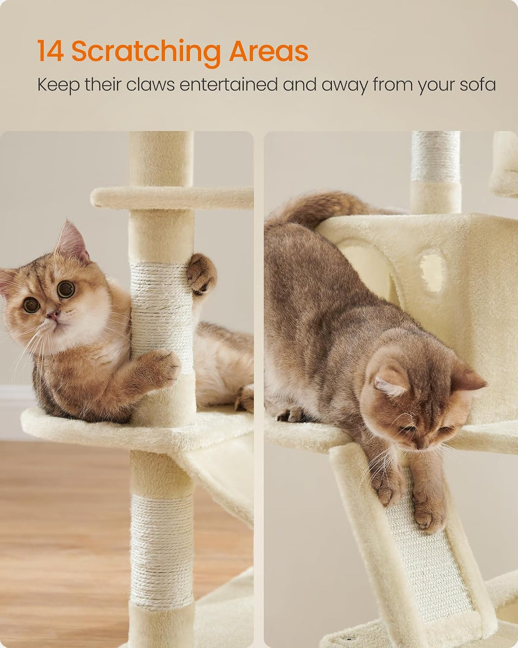 Feandrea Cat Tree, 66.1-Inch Large Cat Tower, Multi-Level Condo, Beige