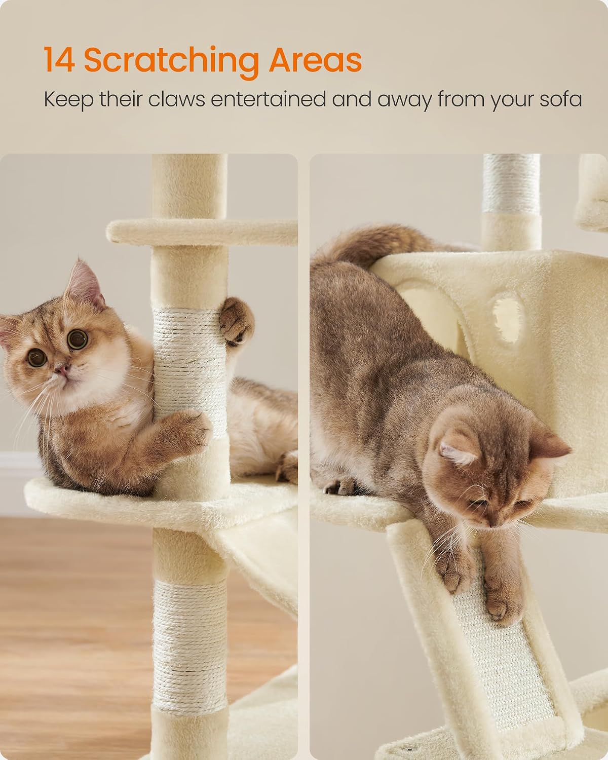 Feandrea Cat Tree, 66.1-Inch Large Cat Tower, Multi-Level Condo, Beige