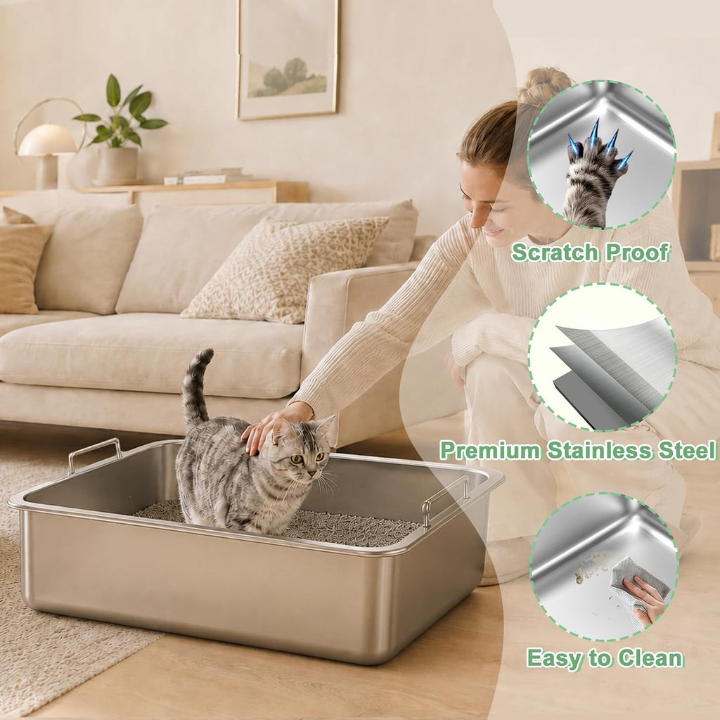 Stainless Steel Sifting Cat Litter Box for Clumping Clay Litter with High-Speed Sifting System, Large Metal Litter Box with 2 Replaceable Bottom Pans, Odor Control，Easy Clean (19.7"x13.7"x5.9")