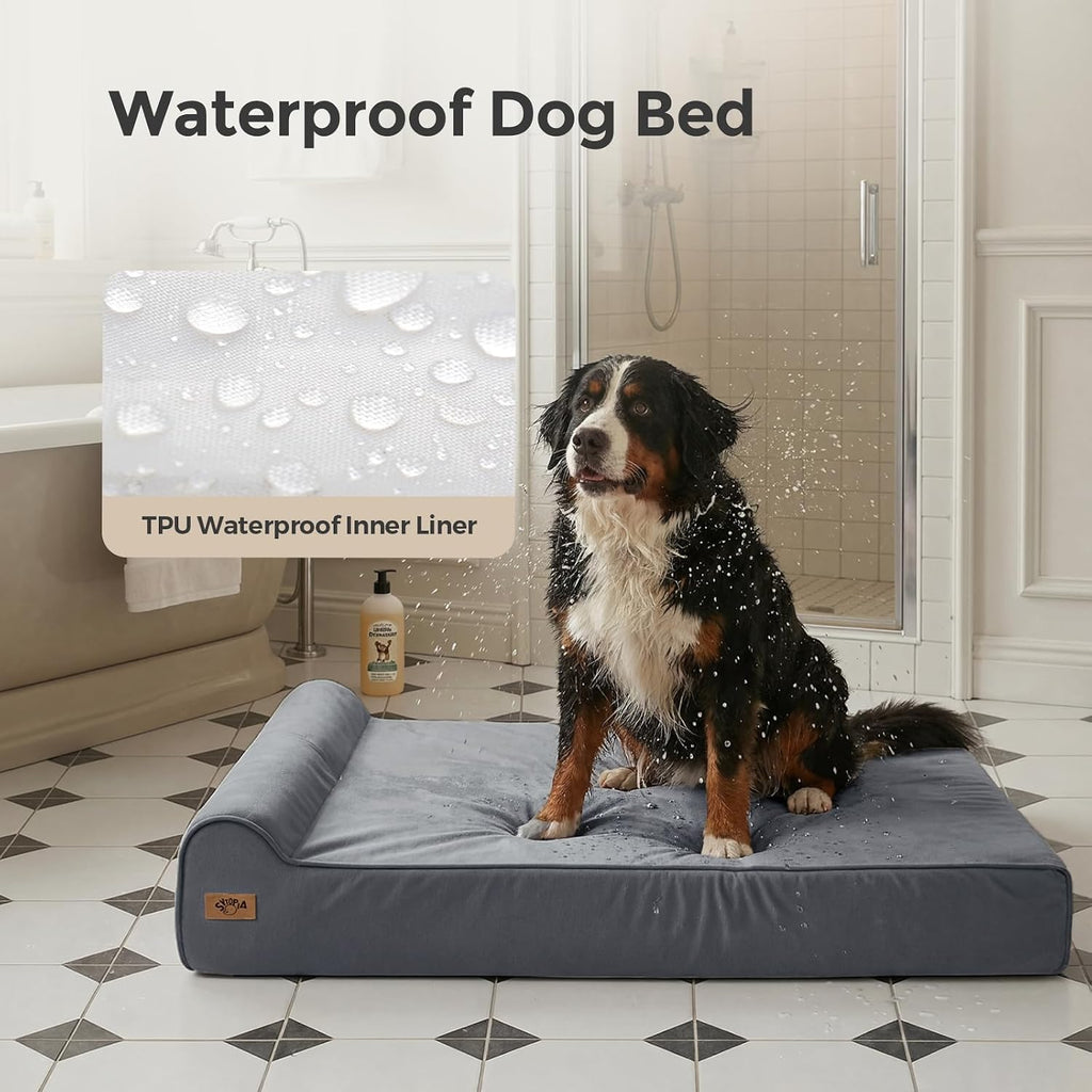 Sytopia XXL 35D Memory Foam Dog Bed for Extra Large Dogs – 7" Thick Orthopedic Pet Couch for Seniors and Big Breeds up to 150 Pounds, with Waterproof Liner & Washable Cover, 50"x 34"x 7", Blue Grey