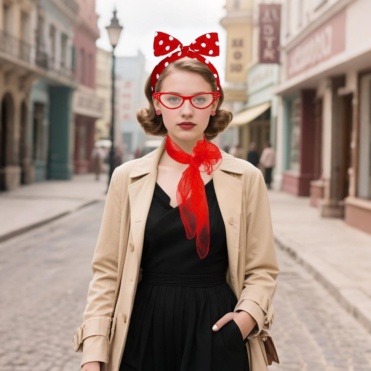50s Set 50's Costume Accessories Chiffon Scarf Cat Eye Glasses Bandana Tie Headband Earrings for Cosplay Party