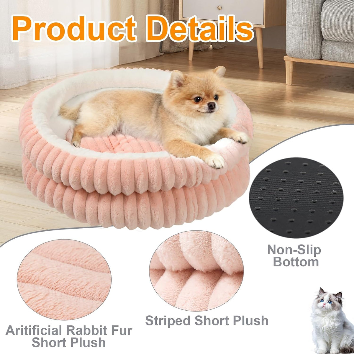 Cat Beds for Indoor Cats,Washable Round Donut Dog Bed(Pink, S)