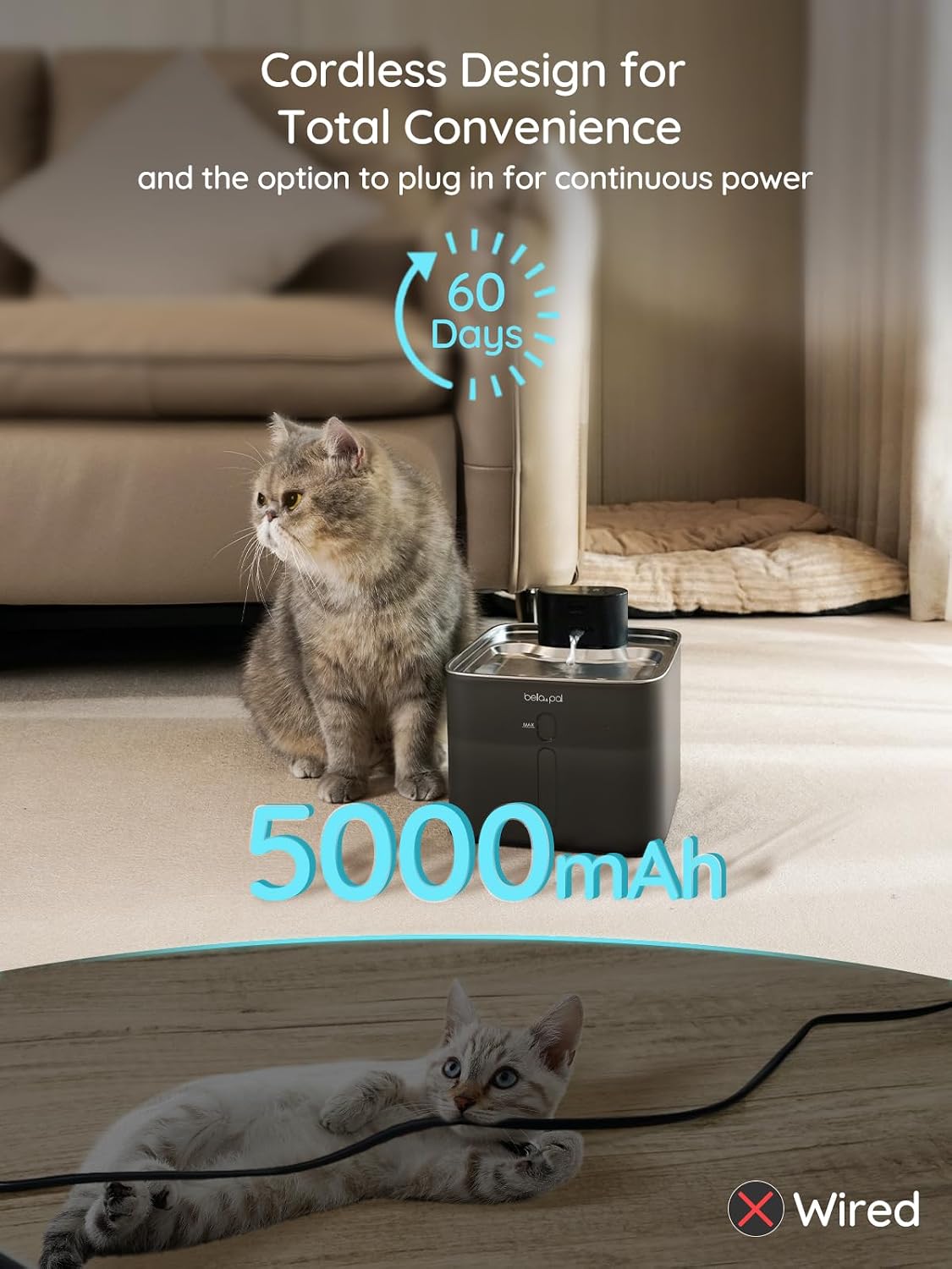 BELLA & PAL Wireless Cat Water Fountain: 122oz Stainless Steel, 3 Flow Mode