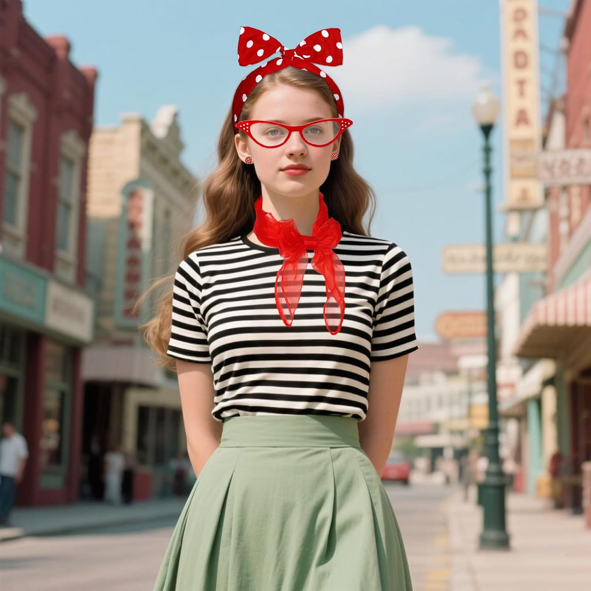 50s Set 50's Costume Accessories Chiffon Scarf Cat Eye Glasses Bandana Tie Headband Earrings for Cosplay Party