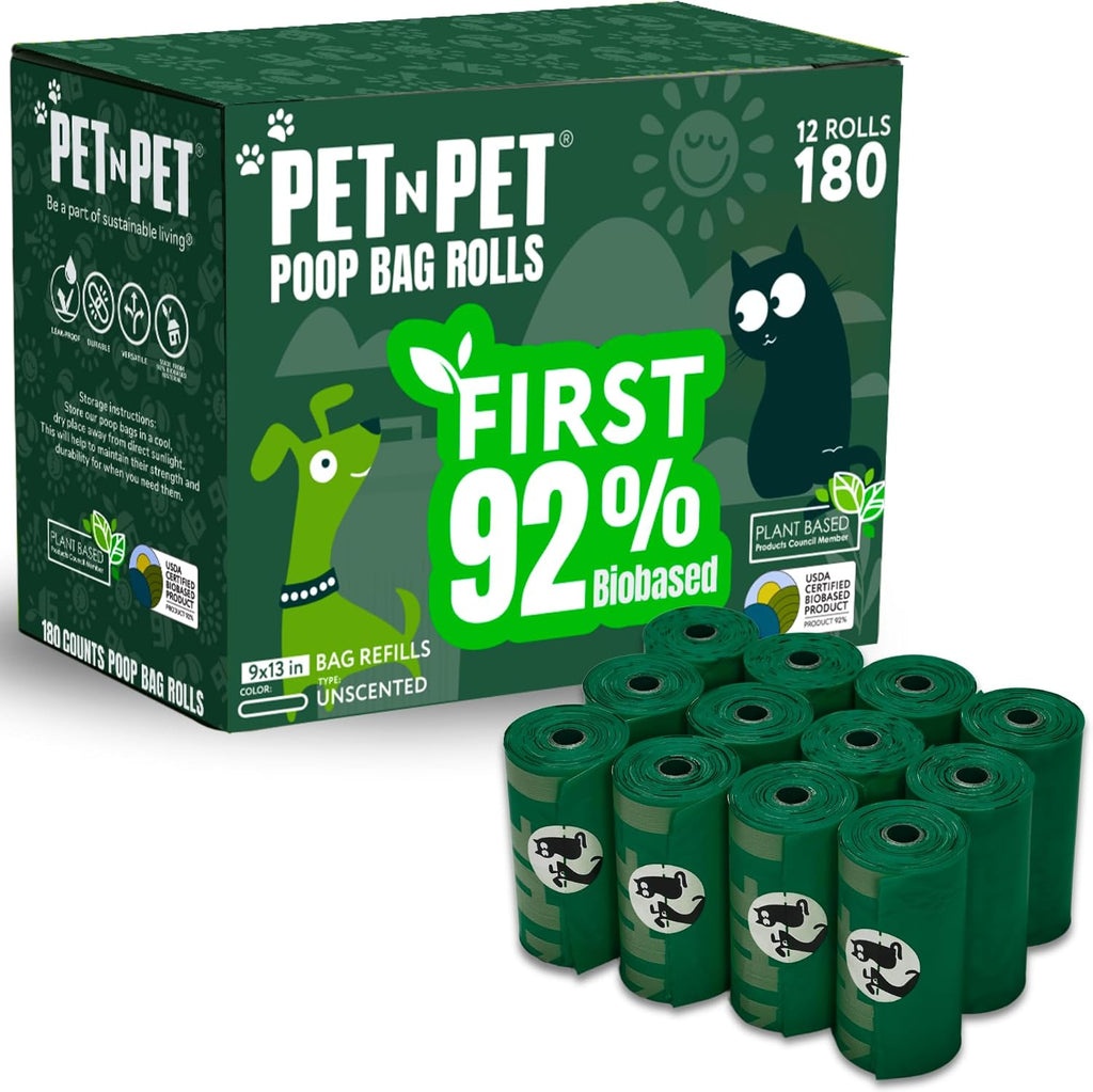 Pet N Pet Dog Poop Bags Rolls, 180 Count, Unscented Leak Proof Thick Waste | 92%, Plant Based, Doggie Poo, Cat, Tear-Resistant, Easy-Tear Design, Reliable, Everyday Convenience, Durable, dog waste bags