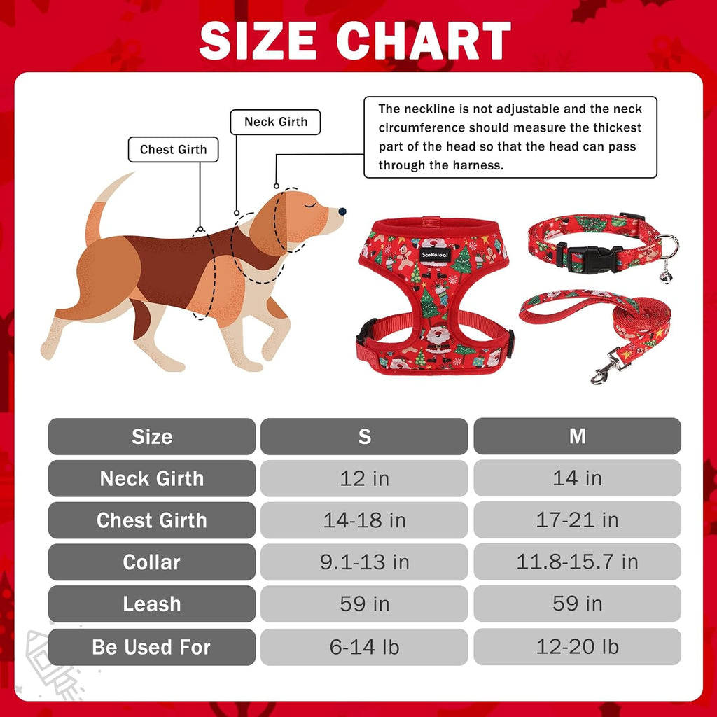 SCENEREAL Christmas Small Dog Harness and Leash Set, Red-Christmas S